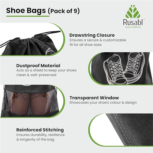 Image of Rusabl Shoe Bag for Travel (Pack of 9, Black) Non Woven, See Through Window, Drawstring Closure, Travel Organiser Pouch for Women & Men Sports Shoes, Sandals, Slippers, Footwear Cover for Travelling