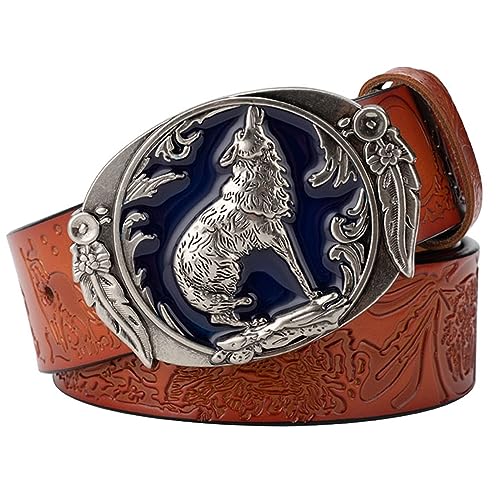 Ceinture en cuir denim gravée loup viking pour homme orange