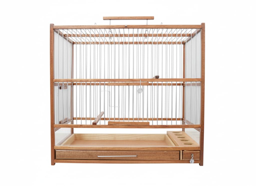 Grande cage à oiseaux en bois fabriquée à la main, plateau coulissant, plexiglas