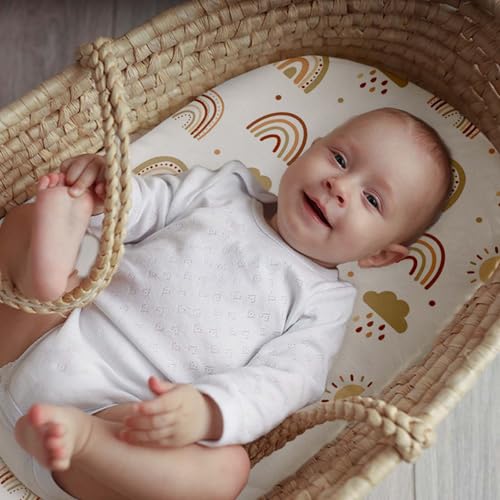 Image of 3 Pack Stretchy Bassinet Sheets for Baby Girl Boy, Soft Breathable Baby Bassinet Mattress Sheets Fit for Hourglass Oval Cradle, Moses Basket Rectangle Mattress (Brown Rainbow)