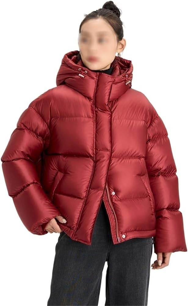 Women's Winter Goose Down Jacket Short Hooded Loose and Warm Thick Coat Thickened Red Down Jacket