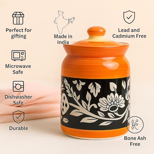 Image of D'Maiolica Ceramic Handmade Pickle Jars In 1000Ml(Set Of 2) | Ceramic Container Set For Kitchen Storage | Pottery Jars For Achar,Spices,Salt,Black (Pack Of 2) (Full Floral Yellow Black Bale)