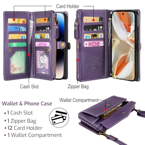 DKDKSIP for Google Pixel 9 Pro XL Wallet Case for Women, Pixel 9 Pro XL 5G Case with RFID Blocking Card Holder, Leather Zipper Wallet Detachable Magnetic Phone Case with Crossbody Strap, Purple - image 3