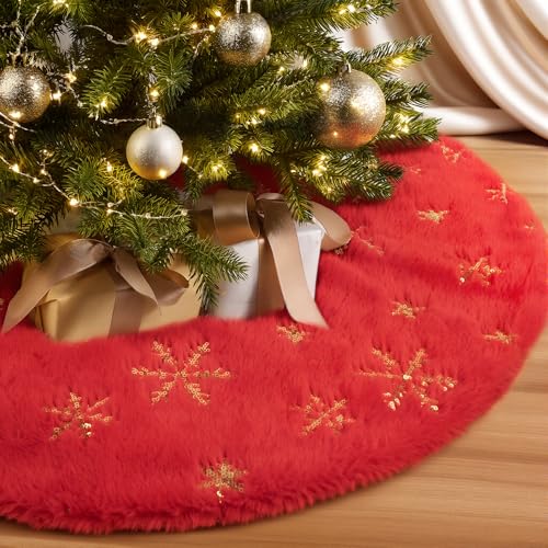 28" Red Plush Faux Fur Christmas Tree Skirt with Gold Sequin Snowflakes