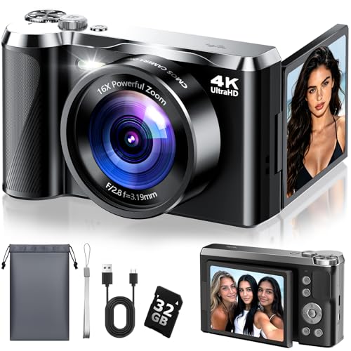 4K Digital Camera for Photography & Travel, 56MP Autofocus Vlogging Camera with 3" 180° Flip Screen, 16X Zoom, Compact Point and Shoot Camera for Beginners and Teens, 32GB Card Included