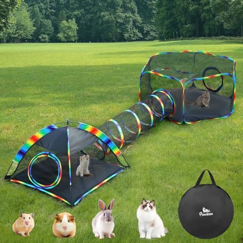 Pawaboo Tenda per Gatti con Tunnel, 3 in 1 Recinto per Gattis da Esterno con Tunnels, Recinzione per Animali Pieghevole e Portatile Box per Gatti, Include 1 Box+1 Tunnel+1 Tenda, Arcobaleno
