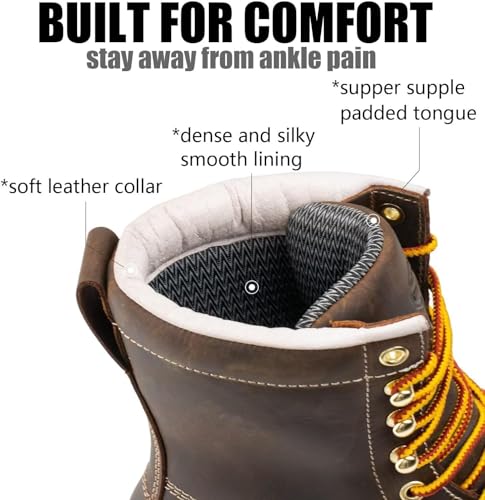 SUREWAY Mens 8 in Wedge Moc Soft/Steel Toe Work Boots for Men,Full-Grain Leather,Goodyear Welt,EH,Safety Industrial Construction Boots/Shoes for Women,Waterproof Steel Toe BROWN,Size 143