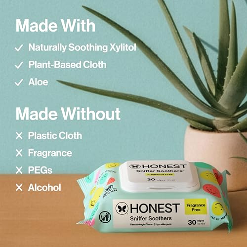 Image of The Honest Company Plant-Based Snot Removing Wipes, Soothing Nose with Aloe, Hypoallergenic for Sensitive Skin, EWG Verified Fragrance-Free, 60 Count