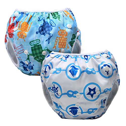 Luxja Schwimmwindel wiederverwendbar (2 Stück), Baby Schwimmhose Verstellbarer, Waschbar Schwimmwindel für Baby (0-3 Jahre), Segeln + Roboter