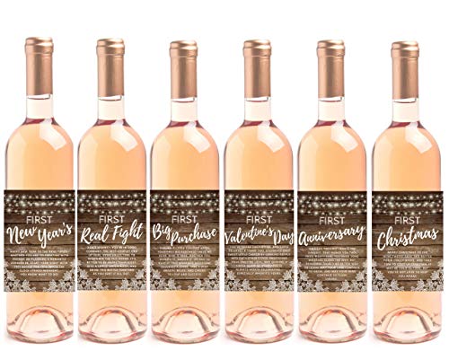 Wine Bottle Labels for Wedding Gift, Milestones, Bridal Shower, Engagement Party, Bachelorette Party, or Wedding Gift – Set of 6 (Rustic Wine Bottle Labels)