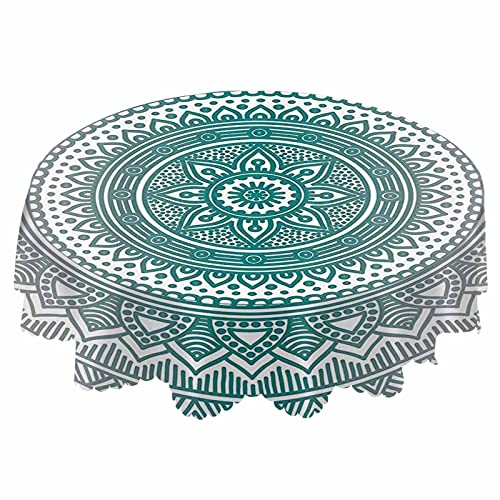 Aoyego Grey Teal Mandala Table Cloth Lotus Flower Circle Geometric Boho Round Tablecloth 60 Inch For Dining Room, Party, Banquet #TOP24