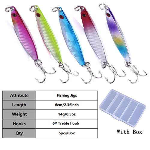 Luresmeow Fishing Jigs Saltwater Fishing Lures With Assist Hooks, Slow Pitch Jigs, 5Pcs Fishing Lures Saltwater Jigs Spoon Lures For Bass, Trout, Tuna, Sailfish, Grouper, Snapper (A-2.36In/0.5Oz-5Pcs) #TOP1