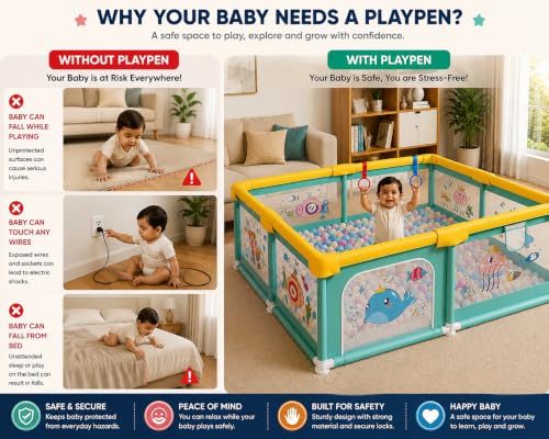 Image of MONSTECH Large Baby Playpen 150x180cm Pit Balls Playpen for Baby up to 5 Years with Anti-Fall Rings, Safety Lock, Breathable Mesh, Kids Activity Center Play Pen (Large-Green)