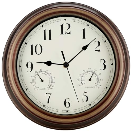 Waterproof Indoor Outdoor Wall Clock with Temperature and Humidity Display, Brown Frame, Battery Operated Silent Non-Ticking