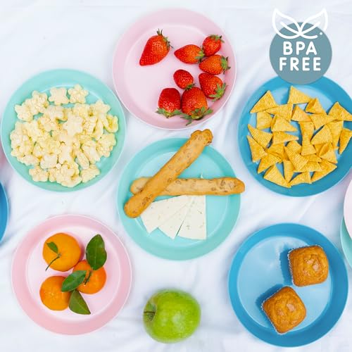 Mypicompany Camping geschirr Set für 6 Personen: 6 Plastikteller Mehrweg+6 Becher Plastik, Spülmaschinen- und Mikrowellenfest, in leuchtenden Farben - Ideal für Garten und Schwimmbad