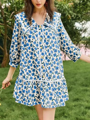 Image of Wenrine Womens Casual Shirt Dresses 3 /4 Long Sleeve Floral Button Down Flowy Babydoll Fall Mini Dress