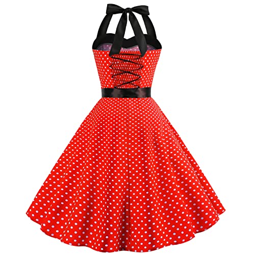Image of Women Vintage Polka Dot 1950s Rockabilly Halter Audrey Dress Retro Floral Evening Cocktail Swing Dress