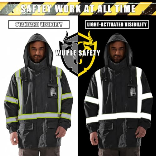 Wuple Men's Hi Vis Rain Jacket & Safety Rain Coat Waterproof Lightweight with Hood, Class 3 Reflective Adult Black Work Rain Jacket (L/XL) — view 5