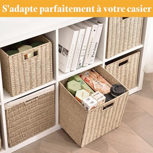 Aolawco Kallax Lot de 4 paniers de rangement tressés pliables en osier pour le rangement - 28 x 28 x 28 cm - Panier de rangement stable avec poignées de transport pour étagères, garde-manger, salle de – vue 3