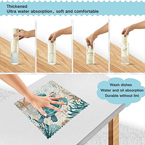 Sea Turtle Starfish Ocean Dish Towel Cleaning Cloth Retro World Map Kitchen Bath Hand Towels 11X11 In Super Absorbent Lint Free Tea Bar Car Soft Towel Kitchen Accessories Set Of 6 #TOP3