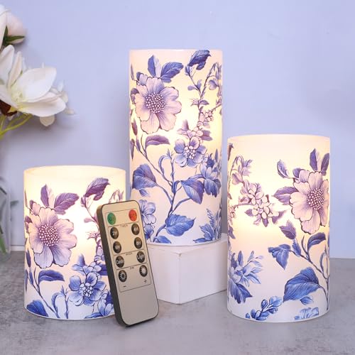 Image of Crystal Club Chinoiserie Decor Flameless Candles Blue and White Porcelain Floral Battery Operated LED Pillar Candles with Remote & Timer Real Wax Candles Floral Decor for Home Wedding Centerpiece