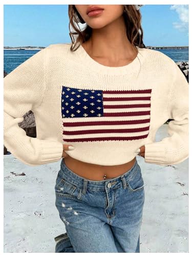 Image of GORGLITTER Women's American Flag Sweaters 2026 4th of July Outfits Fall Oversized Long Sleeve Knit Pullover Tops