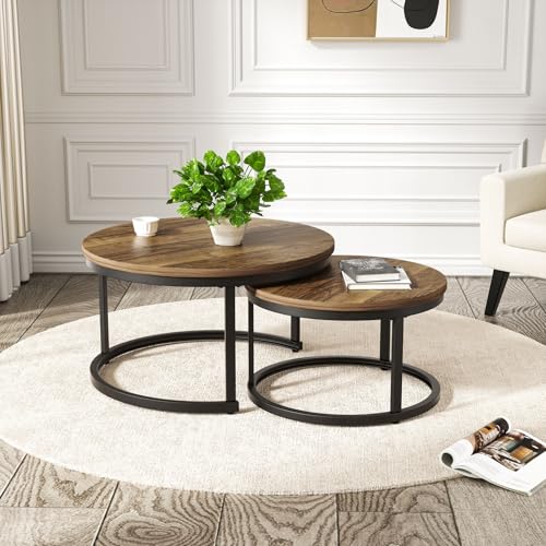 Hawthyhome Coffee Tables Round Nesting Tables Tet of 2 Modern Side Tables with Metal Frame Industrial Stacking End Tables for Living Room Bedroom Office 60 * 60 * 45cm Brown