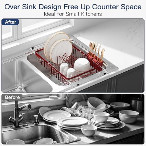 Image of JASIWAY Red Dish Drying Rack Over the Sink with Utensil Holder