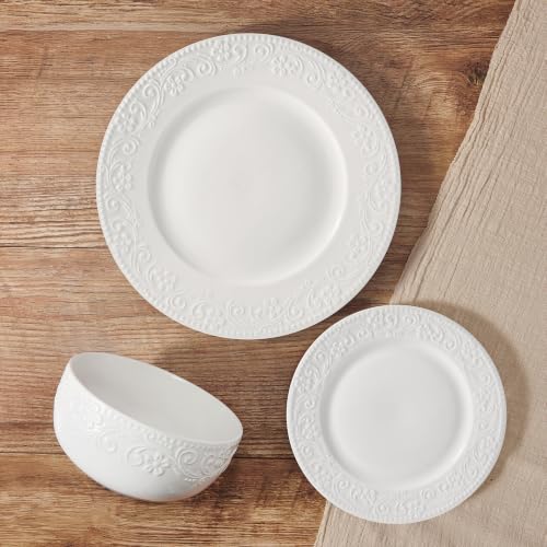 Image of Pfaltzgraff Charm 24 Piece Dinnerware Set, White Porcelain Plates, Bowls