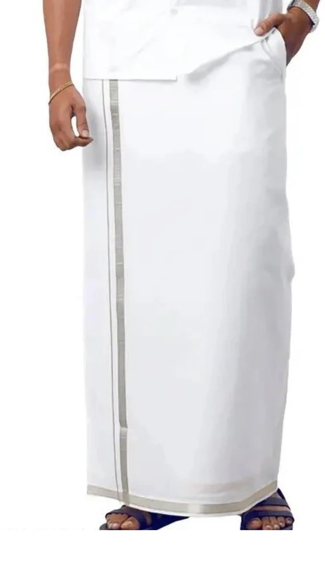Adjustable velcro Mens traditional White Cotton Pocket Dhoti with Gold Jari Border(hip size 28-38)-picture-51