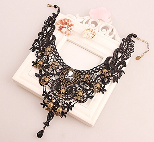 Outgeek Vintage Black Lace Skull Choker Collier pour les femmes Girls Décorations Halloween Accessoire Party