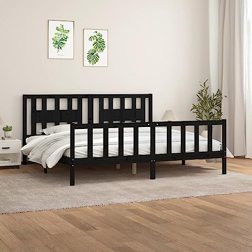 HaoChrymec Estructura de Cama de Madera Maciza, Cabecero Alto de Pino Negro, Cama Matrimonial Ideal para Dormitorio Principal o Habitación Matrimonio, Color Negro, 200x200 cm