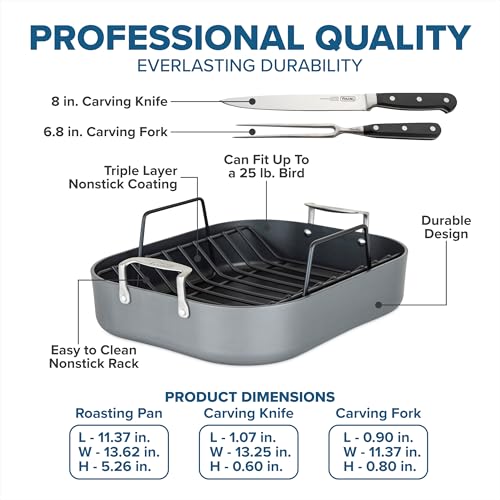Image of Viking Hard Anodized Aluminum Nonstick Roasting Pan with Non Stick Rack and Carving Set, 16 x 13 Inch Kitchen Cookware, Dishwasher and Oven Safe, Dark Grey