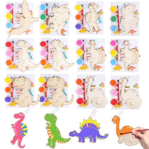 Dinosaur Party Favors for Kids 12 Pack Dino Painting Kits Wooden Keychains Arts and Crafts for Kids Birthday Party Rerturn Gifts Goodie Bag Filler Pinata Stuffers Activities Toy Classroom Prizes