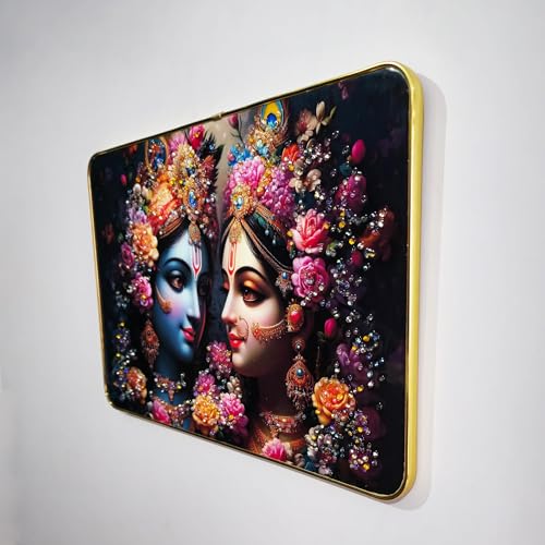Image of Masstone Spritual Painting Radha Krishna Crystal Embedded Big Frame for Home Decor | Premium Gloss Finish | Gold Slim Frame Wall Art | Ready to Hang (1218-CRG03)
