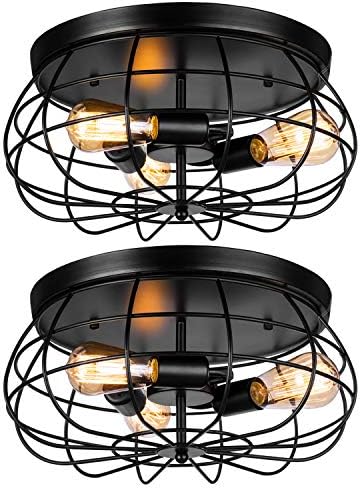 ElibbrenElibbren 2 Pack Vintage Semi Flush Mount Ceiling Light, E26 Industrial Metal Cage Ceiling Light Fixture 3 Lights for Bedroom Kitchen Dining Room Living Room,UL Listed
