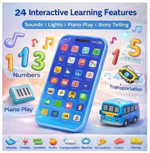 Image of Brand Conquer Baby Musical Toy for 1+ Year, Interactive Learning with Lights & Sounds,Educational ABC Numbers Shapes Songs Toy,Portable Toy Early Development Gift for Boys & Girls(CellPhone Toys Blue)