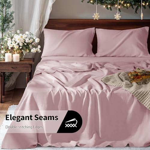 Image of 100% Pure Linen Sheet Set 4pcs Natural Linen Sheets Embroidery Purple Color Full Size, Relaxed Texture