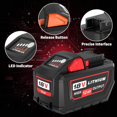 2-Pack 12000mAh High Capacity Replacement Battery Compatible with Milwaukee 18V Lithium Battery 48-11-1815, 48-11-1820, 48-11-1840, 48-11-1850, 48-11-1860, 48-11-1880 Cordless Tools(Red)