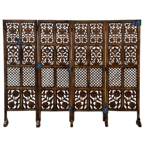 Image of Wooden Room Partition Screen with Burnt Wood Finish | Hand Buffed Traditional Handicraft Room Divider | Indoor Room Separator | Puja Room Divider (4 Panel 5 Feet with Stands)