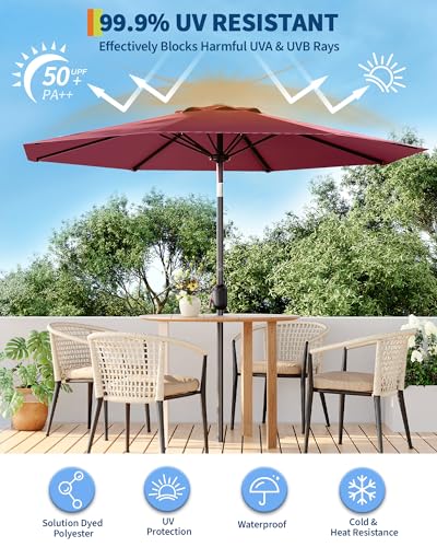 9FT Outdoor Patio Umbrella, Table Market Umbrella With Push Button Tilt and Crank, 8 Sturdy Ribs UV Protection Waterproof for Garden, Deck, Backyard, Pool (Dark Red)