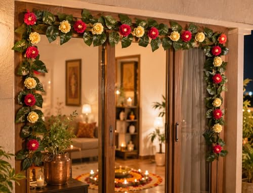 Image of Divyakosh Mango Leaf Vine /Creeper witl Camellia Flowers for Door Entrance Toran /Garland, 80 Inch Artificial Flower Thoran /Bandarwal, Festive Pooja Hanging, Diwali Ganpati Navratri Home Decor
