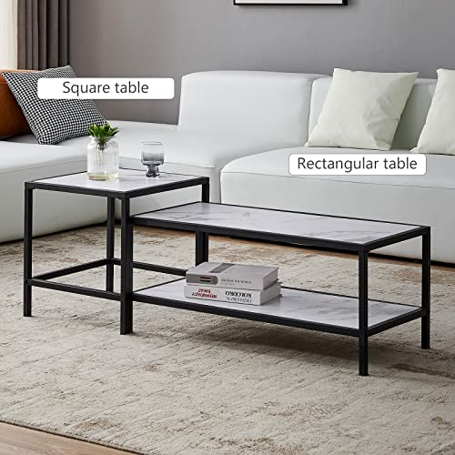 Hommoo Modern Nesting Coffee Table With Square And Rectangular Wood Marble Color Top And Metal Frame For Living Room Balcony Kitchen Stylish Sofa Nesting Tea Table Set Of 2 (Black) #TOP3