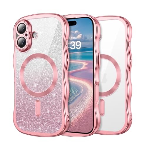 VENINGO iPhone 16用ケース クリア+ピンク グリッターカード うねうね きらきら MagSafe対応 おしゃれ 韓国 かわいい グラデーション ラメ 人気 シンプル 滑り止め 薄型 軽量 耐衝撃 指紋防止 レンズ保護 TPU 女子向け シリコン スマホケース あいふぉん16カバー 6.1インチ