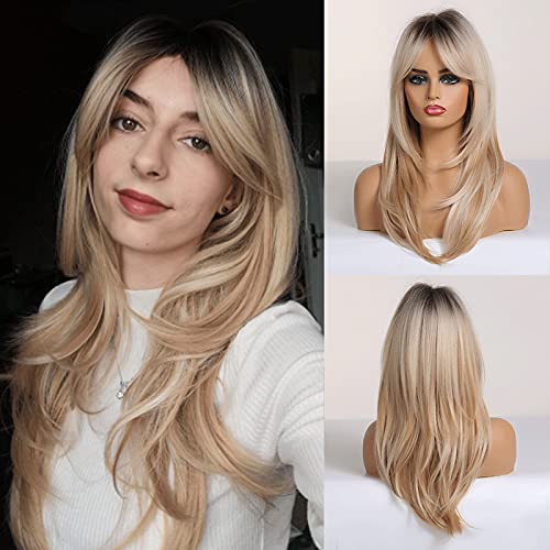 Hairvision Shoulder Length Wavy Ombre Gold Blonde Wigs For Women 20 inch Heat Resistant Synthetic Wigs With Middle Window Part Bangs Black Root Light Blonde Ombre Hair Wig