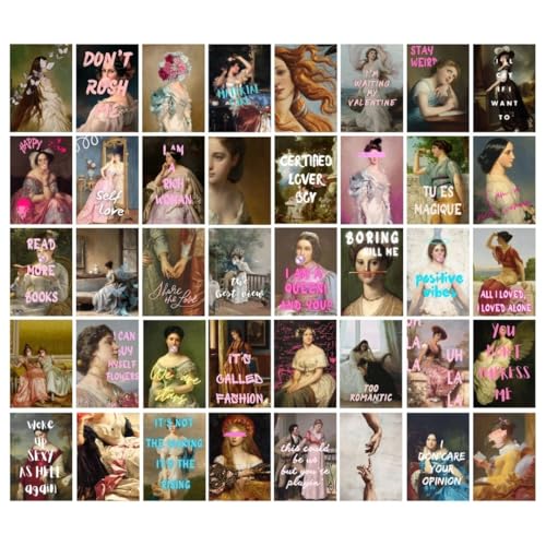 Image of 40-Piece Aesthetic Mini Poster Set (15x10 cm) - Vintage Art with Modern Quotes | Cute Aesthetic Wall Collage Kit for Room Decor, Dorm, Bedroom, Girls | Cottagecore, Y2K, Feminist Vibe (A 006)
