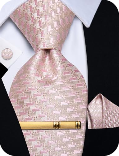 Image of YourTies Pink Ties for Men Woven Floral Silk Tie and Pocket Square Set Wedding Party Tuxedo Neckties with Gift Box Prom