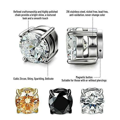 Magnetic Stud Earrings for Men, Non-piercing CZ Studs, Hypoallergenic Stainless Steel Lymphatic Magnetic Earrings, Clip On Earrings For Men 6-8MM4