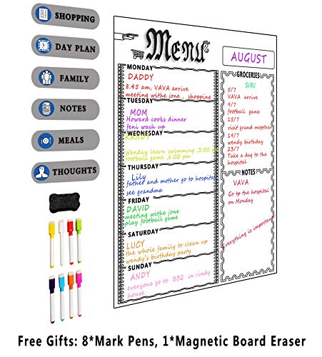 Semanal menú planificador de comidas, lista de la compra de la compra, de pizarra, nevera, Junta de borrado en seco, para cocina frigorífico con 7u00a0Color marcadores (16inchx12inch), color blanco