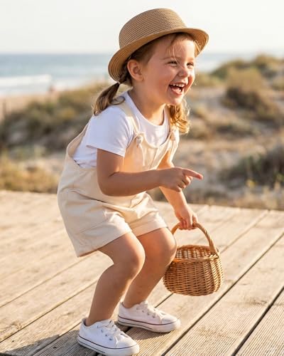 Image of HINTINA Toddler Girl Overall Shorts Set Adjustable Loose Jumpsuit Short Sleeve T-shirt Vacation Summer Outfits with Pockets